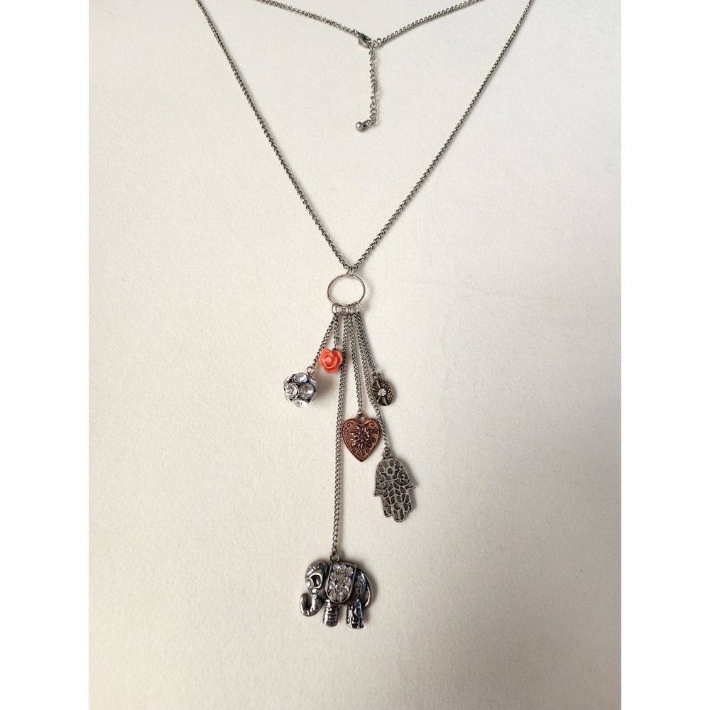 Good Luck Charm Necklace Elephant W/ His Trunk Up Hamasa Hand Flower FREE $HIP!!